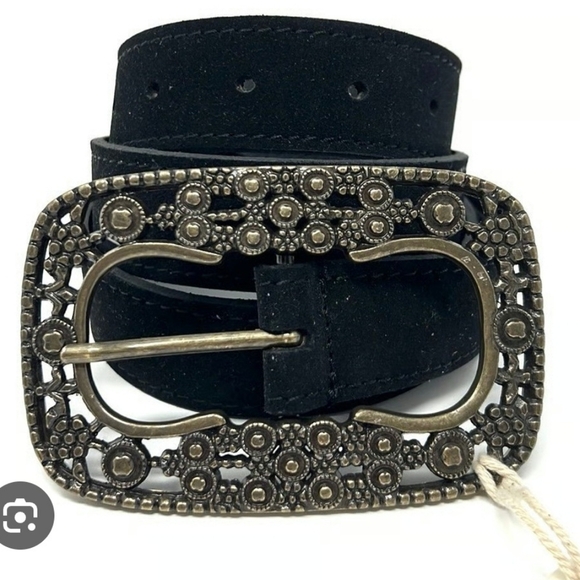 FREE PEOPLE Black Suade Leather  Belt with Ornate Brushed Gold Buckle. NWT. - Picture 8 of 8